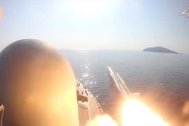 A still image from video, released by Russia's Defence Ministry, shows what it said to be a missile ship of Russia's Pacific Fleet firing a Moskit cruise missile