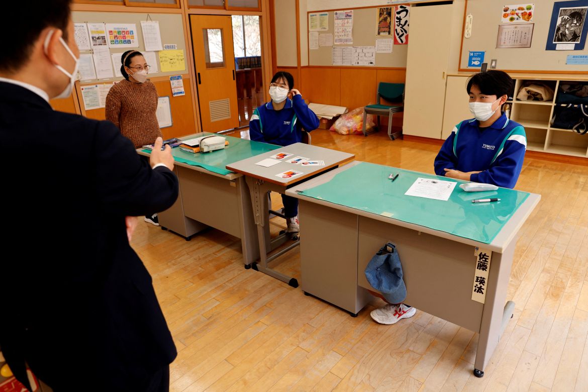 Eita Sato, 15, and Aoi Hoshi, 15, the only two students at Yumoto Junior High School, take part in their last English class