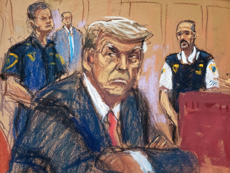 Drawing depicting Trump's court appearance. Trump in a blue suit with a red tie looks displeased, his mouth is down at the corners and his eyebrows are raised.