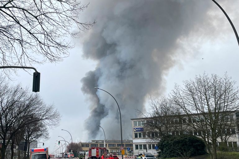 Heavy smoke rises during a major fire in Hamburg