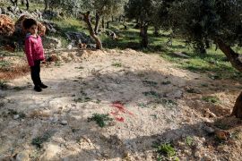 A girl stands near traces of blood at scene near Nablus in the Israeli-occupied West Bank