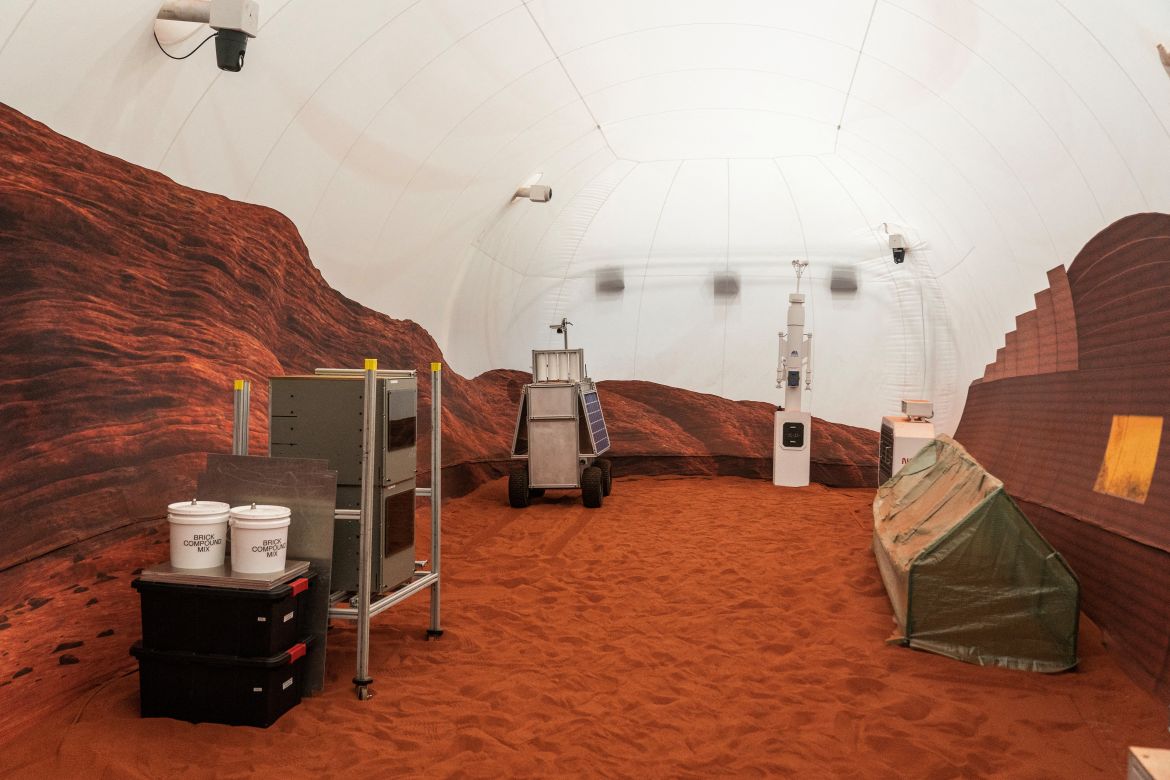 Instruments are seen inside the Mars landscape simulation area at Mars Dune Alpha, NASA's simulated Mars habitat