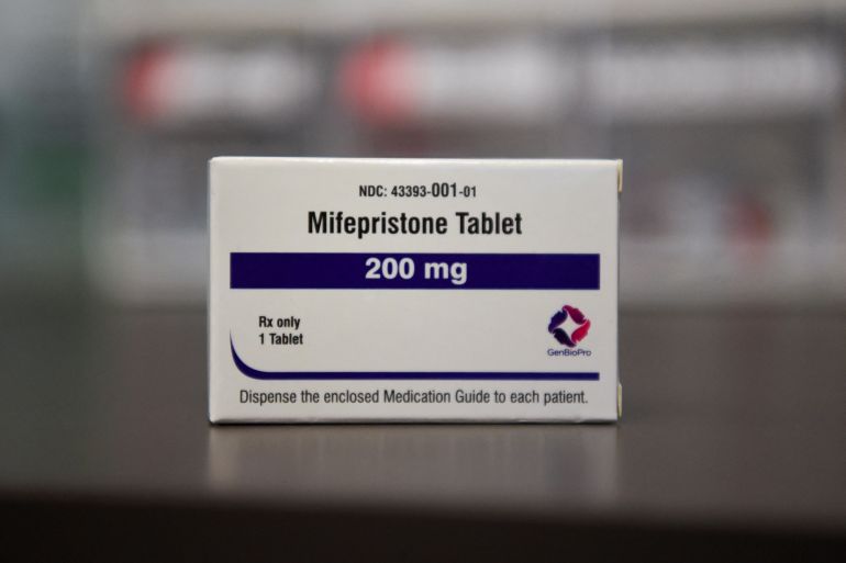 A box of mifepristone pills on display in a clinic