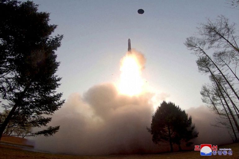 A view of a test launch of a new solid-fuel intercontinental ballistic missile (ICBM)