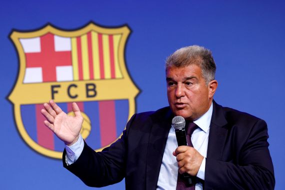 FC Barcelona president Joan Laporta gestures during a press conference