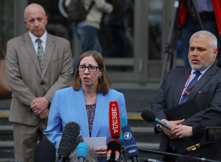 U.S. Ambassador to Russia Lynn Tracy speaks to the media outside a courthouse after a hearing to consider charges against Wall Street Journal reporter Evan Gersh accused of espionage, April 18, 2023. Kovic's detention was appealed. 