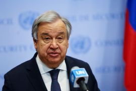 FILE PHOTO: United Nations Secretary-General Antonio Guterres deliver remarks to reporters outside the U.N. Security Council at U.N., headquarters in New York City, U.S. April 20, 2023. REUTERS/Mike Segar/File Photo