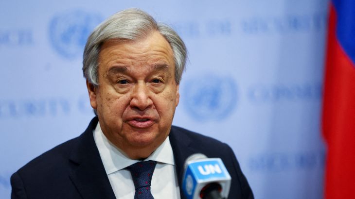 FILE PHOTO: United Nations Secretary-General Antonio Guterres deliver remarks to reporters outside the U.N. Security Council at U.N., headquarters in New York City, U.S. April 20, 2023. REUTERS/Mike Segar/File Photo