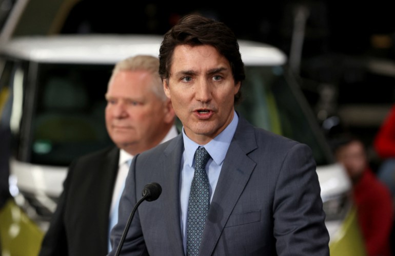 Canadian Prime Minister Justin Trudeau speaks during a news conference alongside Ontario Premier Doug Ford