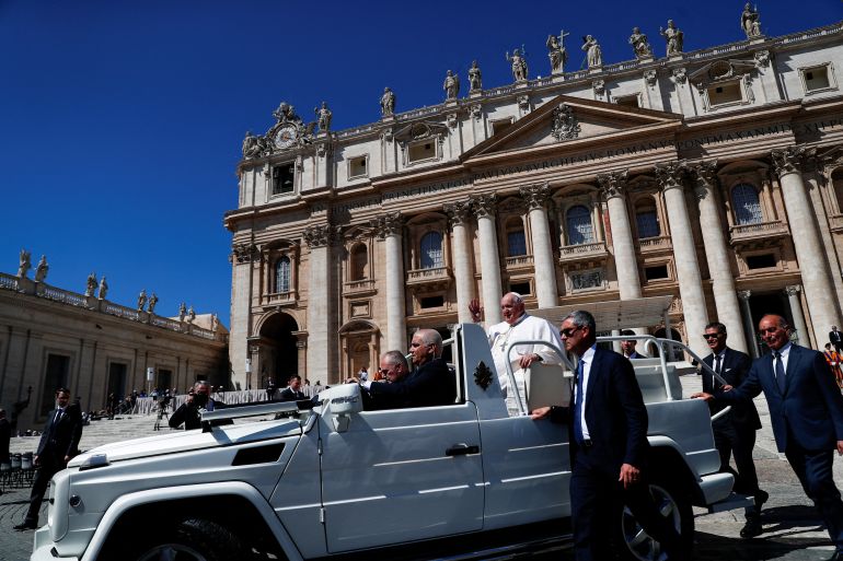 Pope Francis leaves following the weekly general audience in St. Peter's Square at the Vatican April 26, 2023