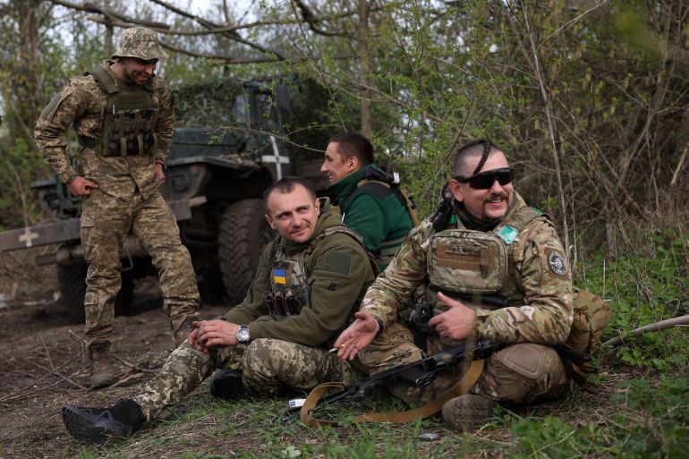 Artillerymen of Ukrainian 80th separate airborne assault brigade, rest on the front line near Bakhmut in Donetsk region on April 18, 2023, amid the Russian invasion of Ukraine.