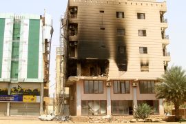 This image shows a building damaged during battles between the forces of two rival Sudanese generals in the southern part of Khartoum, Sudan.