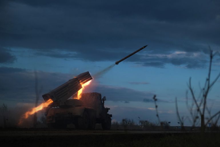 A BM-21 Grad multiple rocket launcher fires towards Russian positions on the front line near Bakhmut, Donetsk region, Ukraine, on April 23, 2023, amid the Russian invasion on Ukraine.