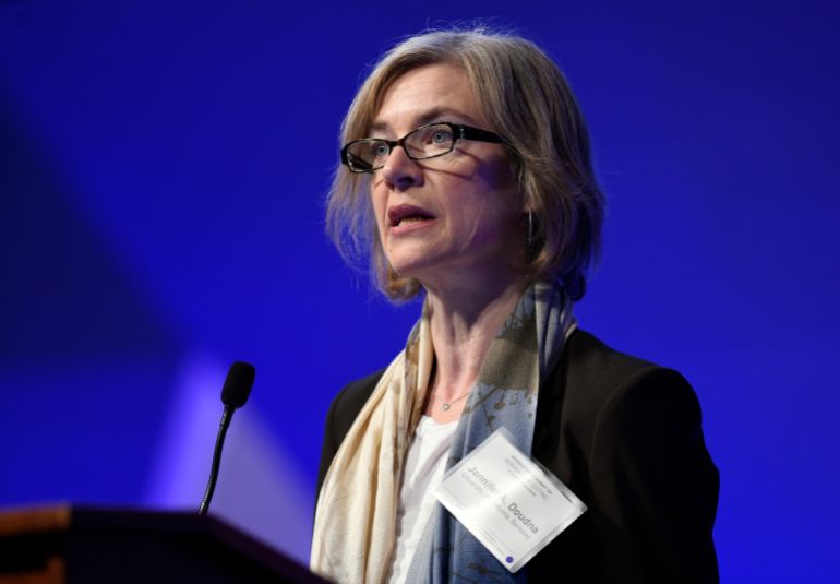 FILE - In this Dec. 1, 2015, file photo, Jennifer Doudna, a University of California, Berkeley professor and co-inventor of the CRISPR gene-editing tool, speaks at the National Academy of Sciences international summit on the safety and ethics of human gene editing, in Washington. Doudna and Emmanuelle Charpentier have been awarded the Nobel Prize in chemistry for the development of a method for genome editing. (AP Photo/Susan Walsh, File)