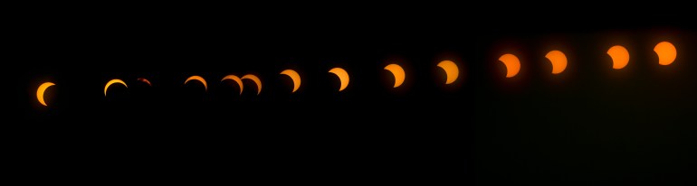 This composite of three multiple exposure images shows the right-to-left transition of a hybrid solar eclipse seen on Sunday, November 3, 2013 over Lake Oloidien near Naivasha, Kenya.Rare solar eclipse engulfs the US, Africa and Europe with complete blackouts in parts and parts of other regions on Sunday