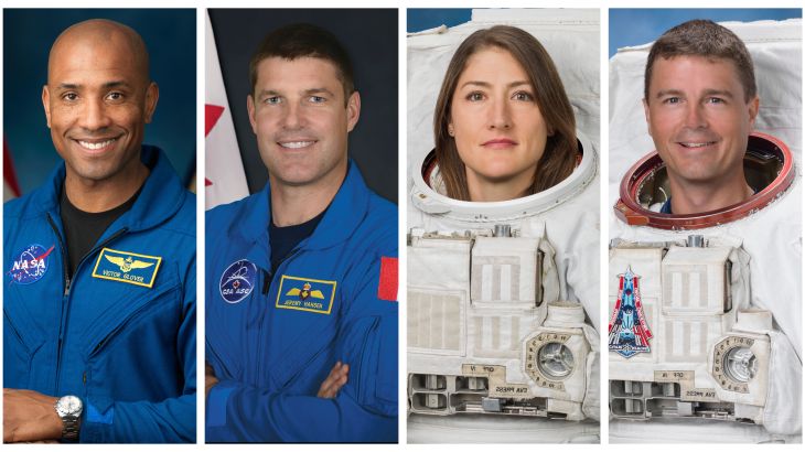 Four panels featuring four portraits. Two feature two men in blue jumpsuits. The other two feature a man and a woman in a large white astronaut space-walk suit.