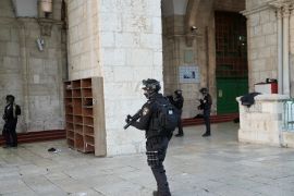 Israeli police are deployed at the Al-Aqsa Mosque compound in the Old City of Jerusalem, Wednesday, April 5, 2023. Palestinian media reported police attacked Palestinian worshippers, raising fears of wider tension as Islamic and Jewish holidays overlap.(AP Photo/Mahmoud Illean)