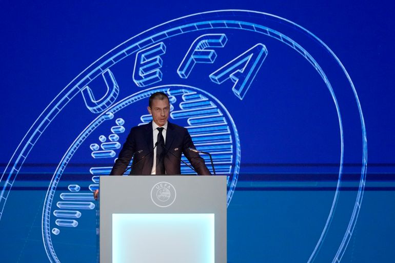 Aleksander Ceferin, president of UEFA, delivers a speech at the start of the 47th ordinary UEFA congress in Lisbon
