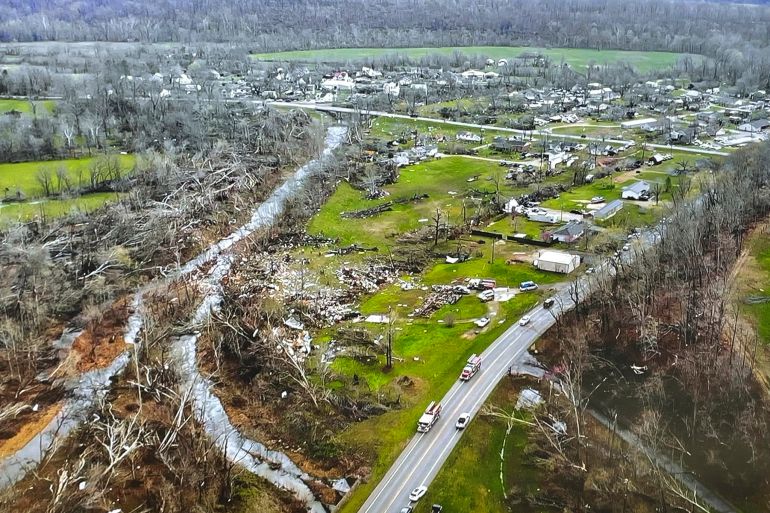 An aerial photograph shows a path of destruction left by a tornado in Missouri