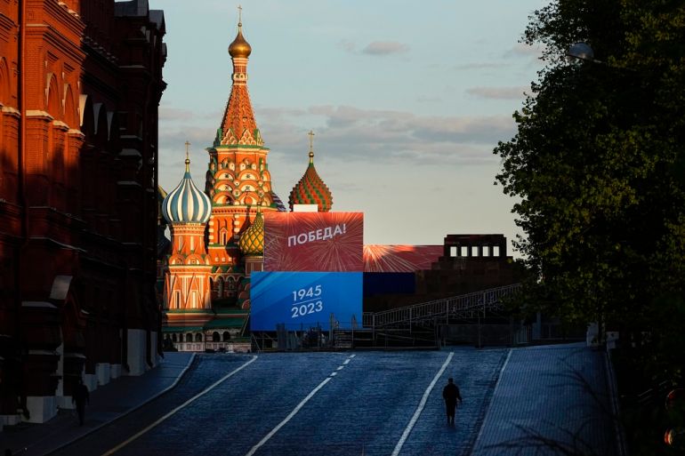 An empty Red Square is closed for Victory Parade preparation with the St Basil's Cathedral and Lenin Mausoleum in the background with words reading "Victory 1945-2023" in Moscow, Russia, on Saturday, April 29, 2023.