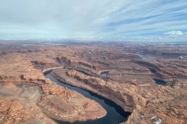 An aerial view of Lake Powell, the second-largest, man-made reservoir in the US, in Page, Arizona