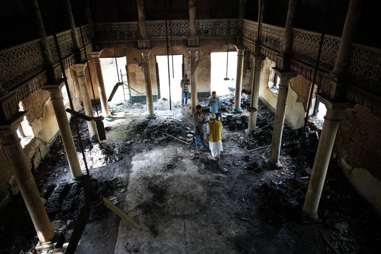 The inside view of a library that was set ablaze by a mob on March 31 in Nalanda Bihar.