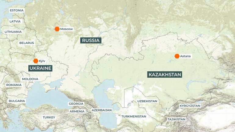 Map of Russia, Kazakhstan and Ukraine and surrounding countries.