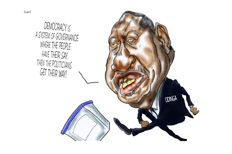 A cartoon of Raila Odinga saying 'democracy is a system of governance where the people have their say and the politicians get their way