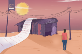 An illustration of a person walking towards a house that looks like a shack with a long receipt going over the house.