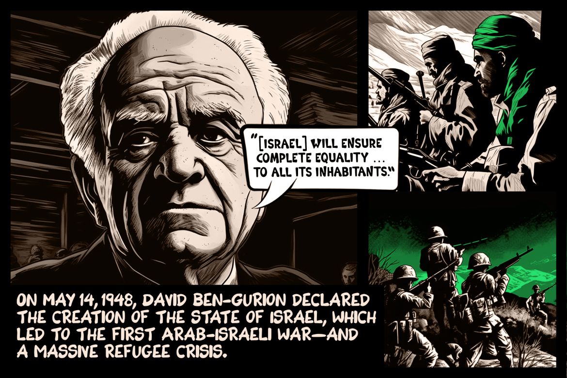 On May 14, 1948, David Ben-Gurion declared the creation of the state of Israel, which led to the first Arab-Israeli war—and a massive refugee crisis.