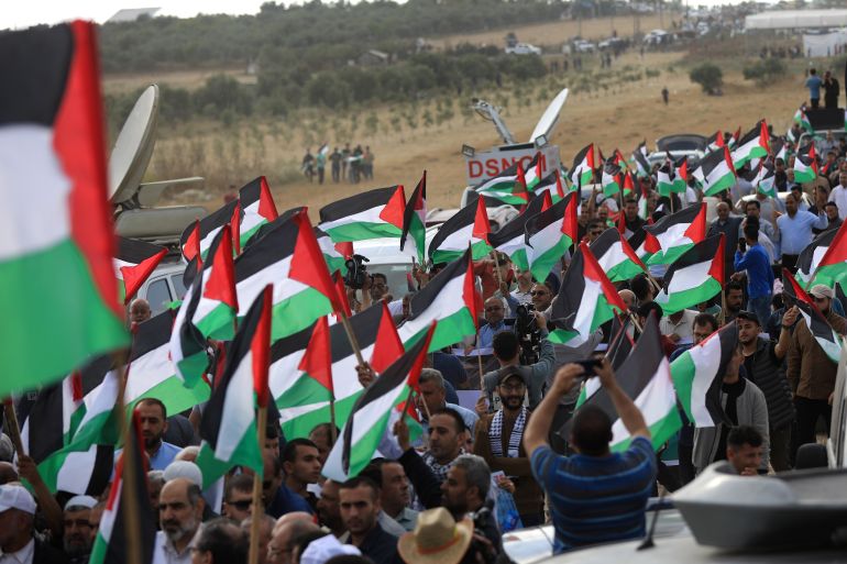 Palestinians raise flags