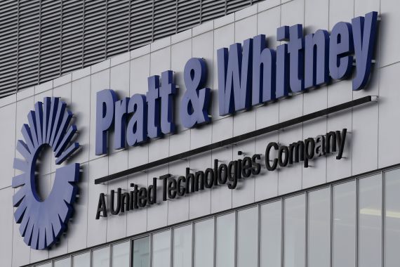 A Pratt and Whitney sign is pictured at their manufacturing facility in Singapore