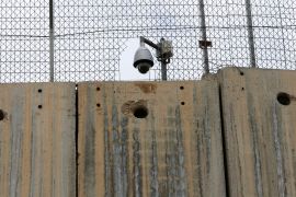 An Israeli security camera is seen on a section of the Israeli barrier in Bethlehem, in the occupied West Bank