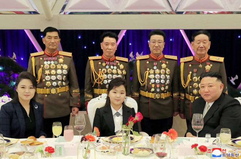 North Korean leader Kim Jong Un, his wife Ri Sol Ju and their daughter Kim Ju Ae attend a banquet to celebrate the 75th anniversary of the Korean People's Army the following day, in Pyongyang, North Korea February 7, 2023 in this photo released February 8, 2023 by North Korea's Korean Central News Agency (KCNA). KCNA via REUTERS ATTENTION EDITORS - THIS IMAGE WAS PROVIDED BY A THIRD PARTY. REUTERS IS UNABLE TO INDEPENDENTLY VERIFY THIS IMAGE. NO THIRD PARTY SALES. SOUTH KOREA OUT. NO COMMERCIAL OR EDITORIAL SALES IN SOUTH KOREA. TPX IMAGES OF THE DAY