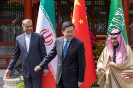 Iranian Foreign Minister Hossein Amir-Abdollahian, Saudi Arabia's Foreign Minister Prince Faisal bin Farhan Al Saud and Chinese Foreign Minister Qin Gang during their meeting in Beijing, China, April 6, 2023
