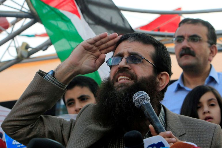 Palestinian Islamic Jihad leader Khader Adnan gestures as he speaks during a rally honouring him following his release, near the West Bank city of Jenin July 12, 2015.