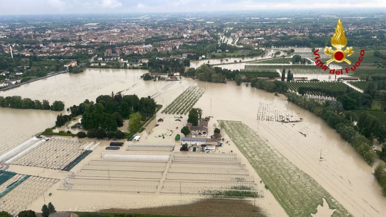 An aerial view shows a flooded area after heavy rains hit Italy's Emilia Romagna region, in Massa Lombarda