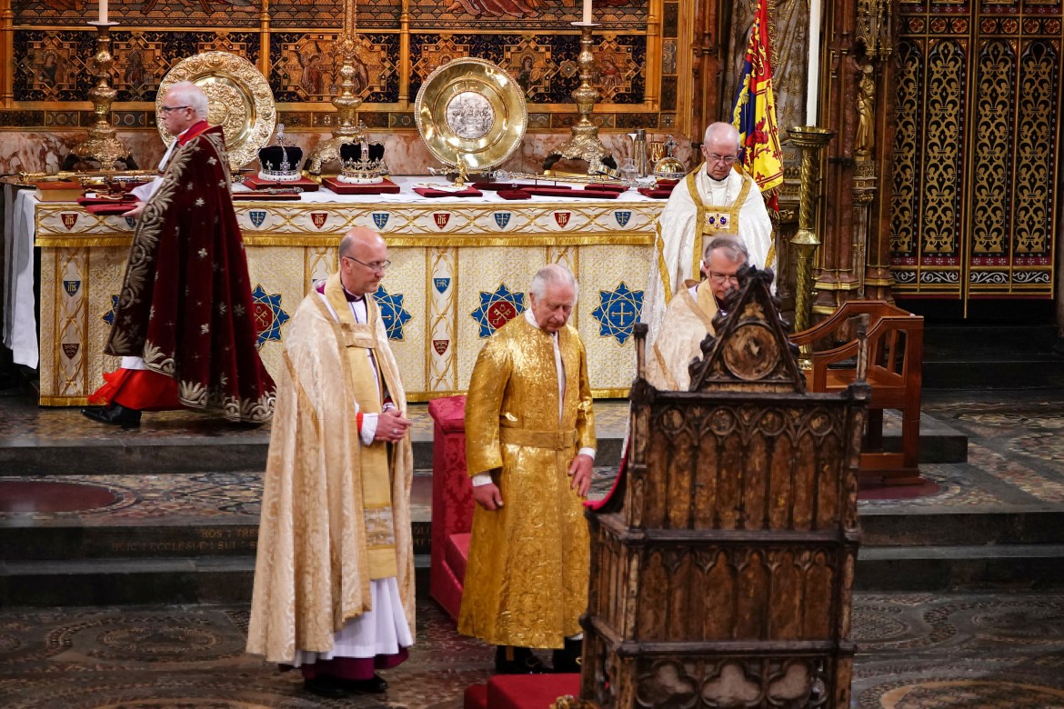 King Charles III during his coronation ceremony in Westminster Abbey, London.