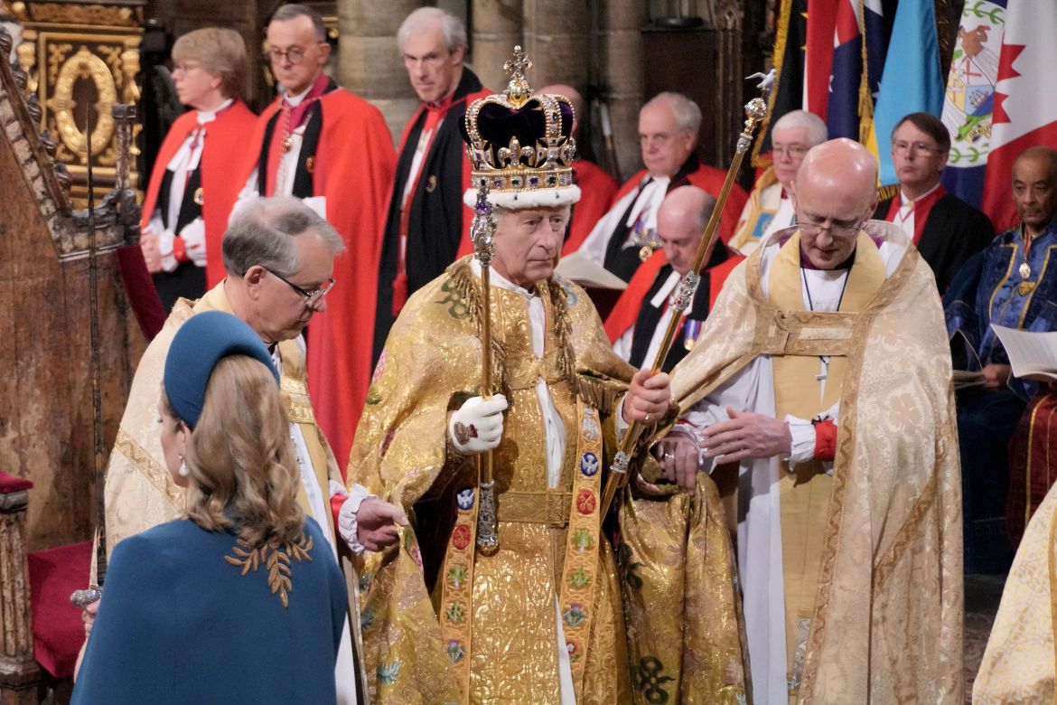 King Charles III is crowned with St Edward's Crown by The Archbishop of Canterbury the Most Reverend Justin Welby during his coronation ceremony in Westminster Abbey, London.
