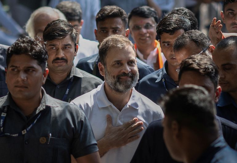 Rahul Gandhi, a senior leader of India's main opposition Congress party, arrives to address the media after the initial poll results in Karnataka elections at the party headquarters, in New Delhi