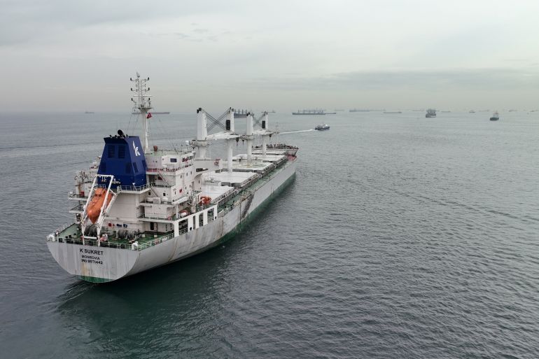 Liberia-flagged bulker K Sukret, carrying grain under UN?s Black Sea grain initiative, waits for inspection in the southern anchorage of Istanbul,