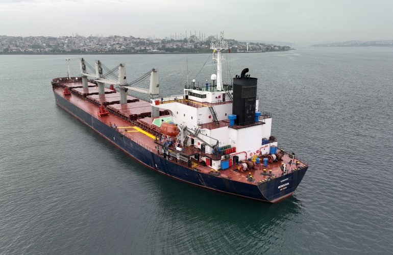 Liberia-flagged bulker Eneida, carrying grain under UNÕs Black Sea grain initiative, waits for inspection in the southern anchorage of Istanbul,