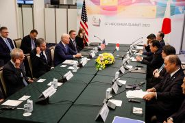 U.S. President Joe Biden, Secretary of State Antony Blinken, U.S. Ambassador to Japan Rahm Emanuel attend a meeting with Japanese Prime Minister Fumio Kishida, ahead the G7 Summit, at RIHGA Royal Hotel Hiroshima, in Hiroshima, Japan, May 18, 2023
