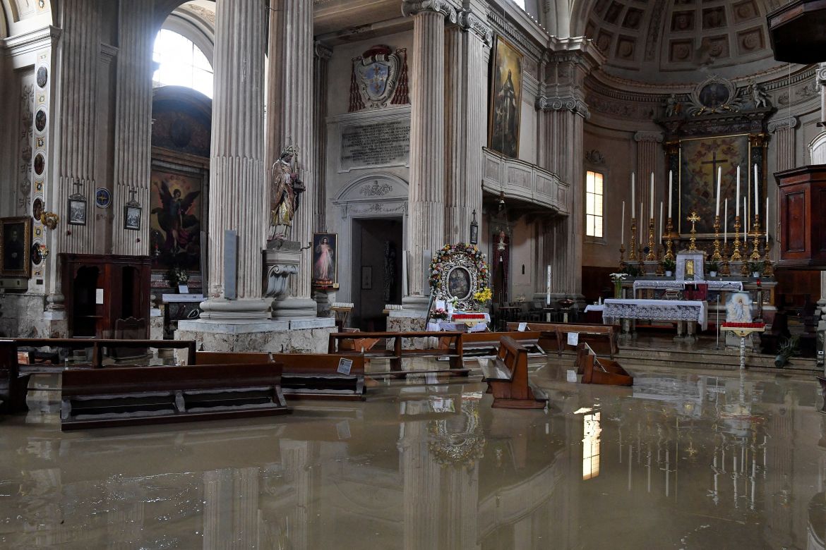 A church is flooded after heavy rains hit Italy's Emilia Romagna region, in Castel Bolognese, Italy, May 18, 2023 [Jennifer Lorenzini/Reuters]
