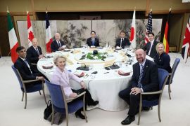 U.S. President Joe Biden, Germany's Chancellor Olaf Scholz, Britain's Prime Minister Rishi Sunak, European Commission President Ursula von der Leyen, President of the European Council Charles Michel, Italy's Prime Minister Giorgia Meloni, Canada's Prime Minister Justin Trudeau, France's President Emmanuel Macron and Japan's Prime Minister Fumio Kishida attend a working dinner session during G7 leaders' summit in Hatsukaichi, Hiroshima prefecture, western Japan May 19, 2023