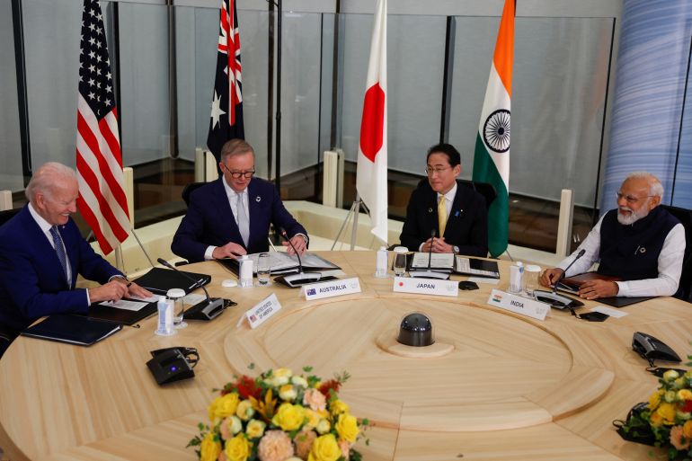 U.S. President Joe Biden, Australia's Prime Minister Anthony Albanese, Japan's Prime Minister Fumio Kishida and India's Prime Minister Narendra Modi hold a Quad meeting on the sidelines of the G7 summit, at the Grand Prince Hotel in Hiroshima, Japan, May 20, 2023. REUTERS/Jonathan Ernst/Pool