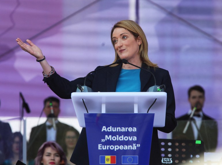The President of the European Parliament Roberta Metsola gives a speech during a rally in support of the European path to Moldova, in Chisinau, Moldova May 21, 2023. REUTERS/Vladislav Culiomza