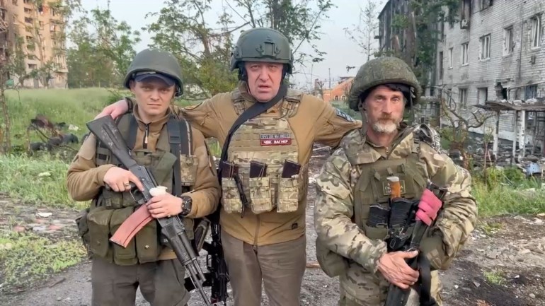 Wagner mercenary group founder Yevgeny Pergozin speaks with Wagner fighters during the Russia-Ukraine conflict in Bakhmet, Ukraine [Press service of Concord/Handout via Reuters]