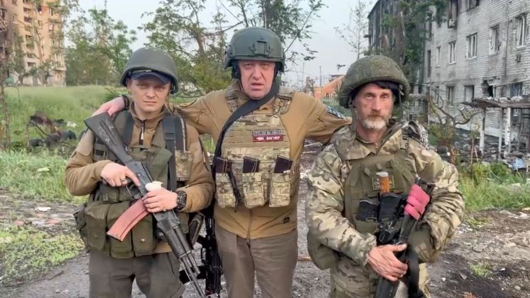 Wagner mercenary group founder Yevgeny Prigozhin talks to Wagner fighters in the course of the Russia-Ukraine conflict in Bakhmut, Ukraine [Press service of Concord/Handout via Reuters]
