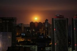 An explosion is seen in the sky over Kyiv during a Russian drone and missile attack on May 29, 2023 [Gleb Garanich/Reuters]